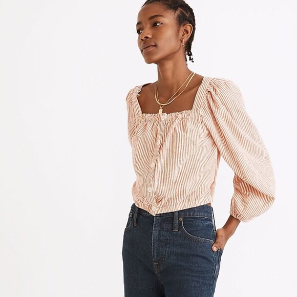 Madewell | Puff-Sleeve Button-Front Crop Top | Peach/White | Size M - Picture 1 of 8